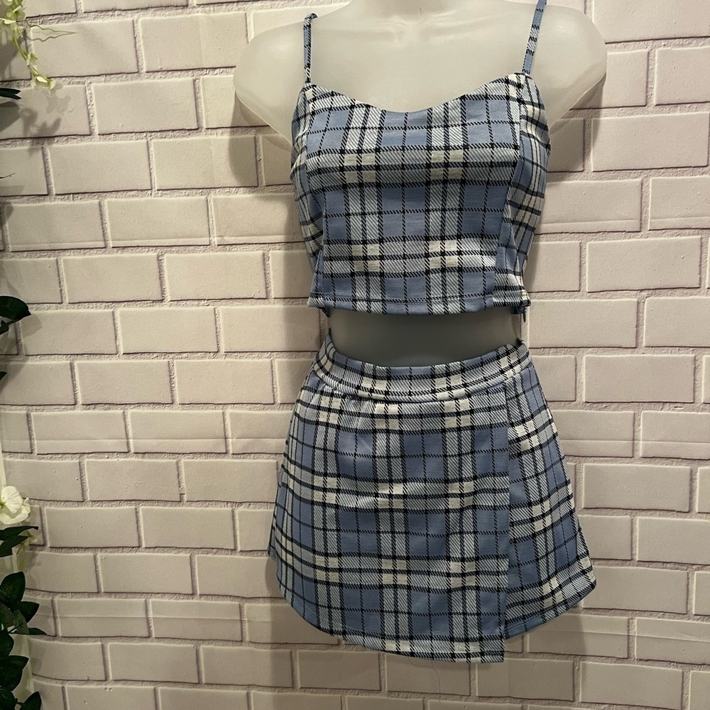 Streetwear Society Blue Plaid 2-Piece Set - Crop Top & Mini Skort (Size Small)